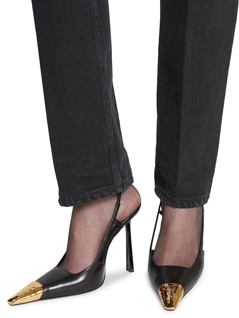 Saint Laurent Jeanne Slingback Pumps In Smooth Leather, Black & Gold Size 38 - Picture 8 of 9